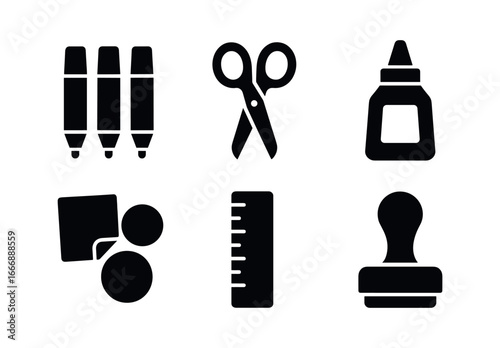 vector solid black filled icons visual diary (creative tools): colored pens scissors glue stickers ruler stamps.