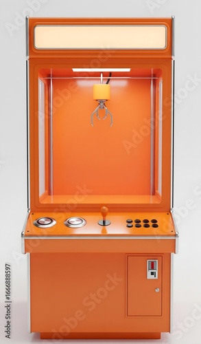 A vibrant orange retro arcade crane machine filled with fruit and a metallic bottle.