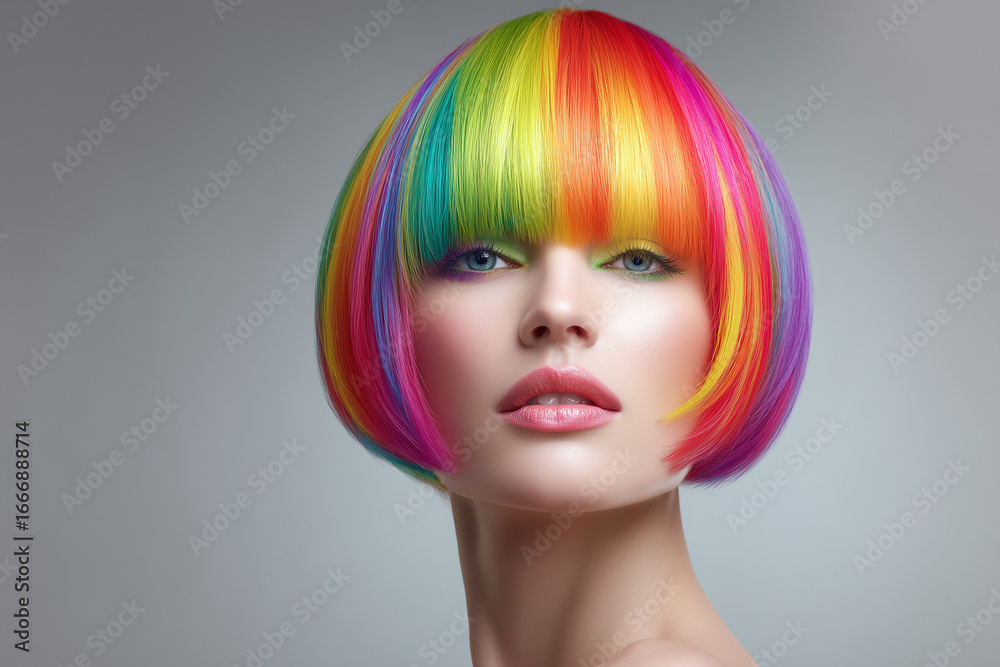 Naklejka premium Rainbow blunt bob with heavy fringe on clean background, glossy salon color finish