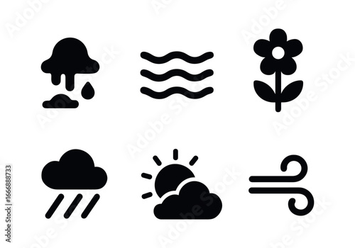 vector solid black filled icons forgiveness (nature): melting snow calm sea blooming flower soft rain clearing sky warm breeze.