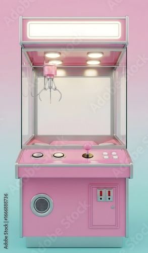 A vibrant orange retro arcade crane machine filled with fruit and a metallic bottle.