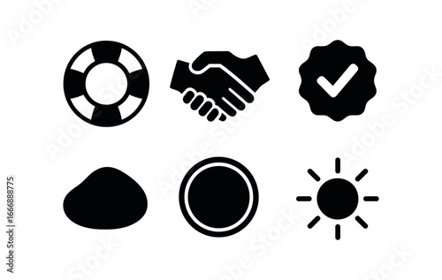 vector solid black filled icons reassurance (support icon): lifebuoy ring hand hold check badge shadow smear highlight rim light glow.