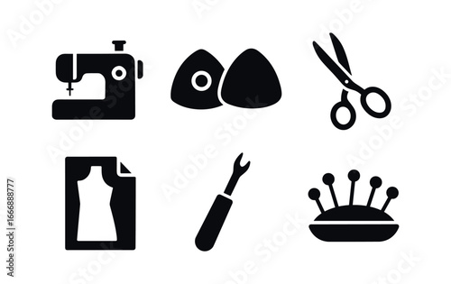 vector solid black filled icons haberdasher (work table): sewing machine chalk markers fabric shears pattern paper seam ripper pin tray.