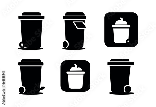 vector solid black filled icons food waste bin (public bin): large bin chute door sign icon foot pedal shadow smear light rim.