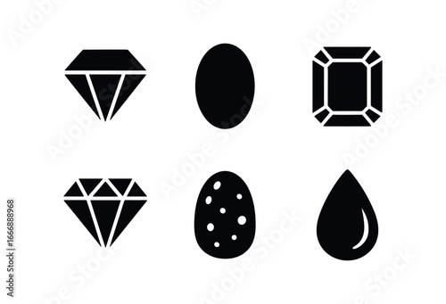 vector solid black filled icons gemologist (gem types): ruby facet sapphire oval emerald emerald cut diamond brilliant cut opal cabochon topaz pear.