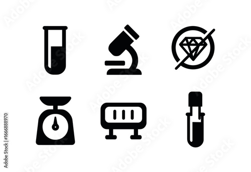 vector solid black filled icons gemologist (lab gear): spectrometer cell microscope eyepiece polariscope slide scale dial UV lamp colorimeter tube.