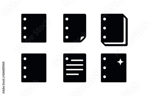 vector solid black filled icons binder (paged sheet): sheet outline three holes shadow smear highlight rim text lines light fleck.