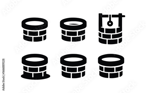 vector solid black filled icons stepwell (well opening): well rim water line rope pulley shadow smear highlight rim light fleck.