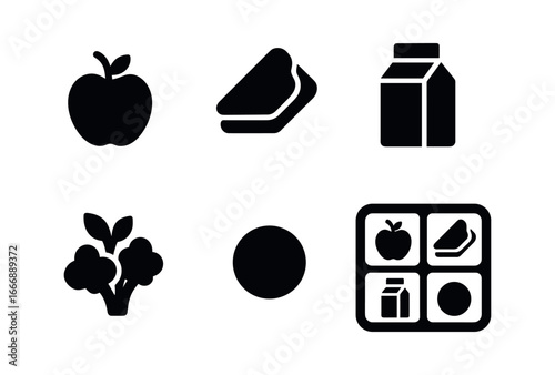 vector solid black filled icons cafeteria tray (lunch selection): icon sandwich silhouette milk carton veggie cluster dessert dot tray rim.