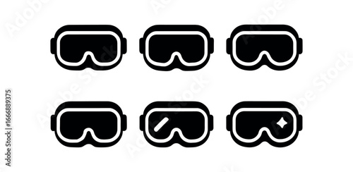 vector solid black filled icons engraver (protective goggles): goggle frame strap line shadow smear highlight rim lens sheen light accent.