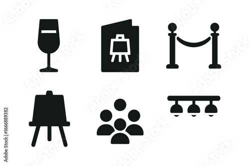 vector solid black filled icons local art gallery (opening night): champagne glass invitation card red rope easel sign crowd dots light rim.