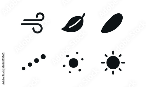 vector solid black filled icons waning season (cooling breeze): swirl lines leaf drift shadow smear highlight rim motion dots light glow.