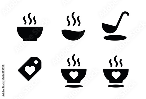 vector solid black filled icons warm heartedness (sharing soup): soup bowl swirl ladle dip heart tag shadow smear light rim.