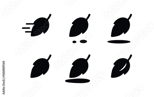 vector solid black filled icons waning season (falling leaf): leaf silhouette motion line ground dot shadow smear highlight rim light fleck.