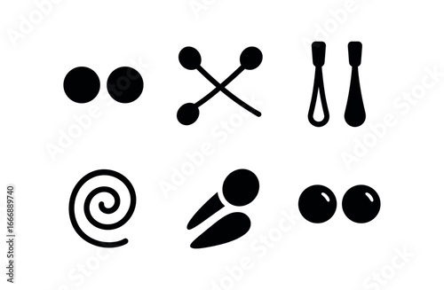 vector solid black filled icons poi dance (double poi): twin orbs cross trails hand grips motion swirl shadow smear highlight rim.