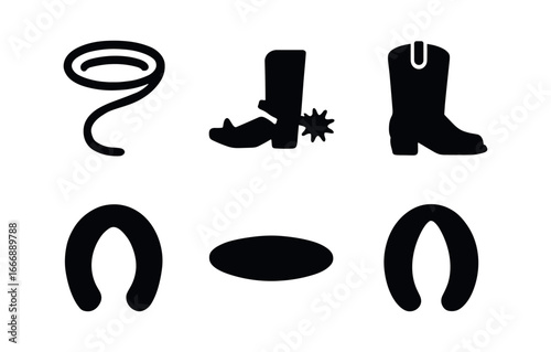 vector solid black filled icons rancher ( roundup): lasso coil spur rowel cowboy boots horse hoofprint shadow smear highlight rim.