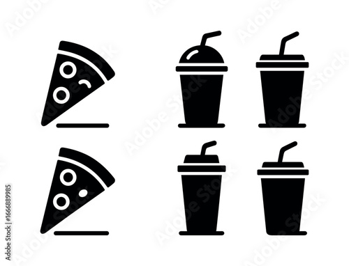 vector solid black filled icons fast food combo (pizza slice and ): pizza icon cup ice cubes straw line shadow smear light rim.