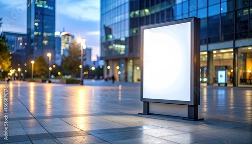 Fototapeta Naklejka Na Ścianę i Meble -  Blank illuminated billboard in a city plaza inviting commercial messaging and advertising in a modern urban setting