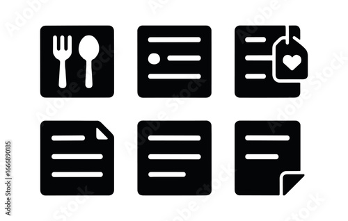 vector solid black filled icons meal subscription box (recipe card): card outline text lines icon bullet heart tag corner fold shadow.