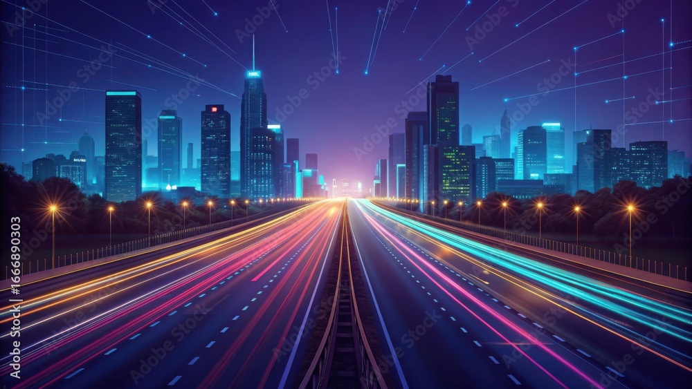 custom made wallpaper toronto digitalFuturistic cityscape with light trails on a highway at night