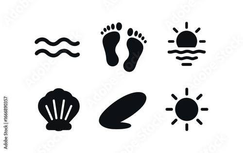 vector solid black filled icons sunset stroll (beach walk): wave line footprints sun reflection shell icon shadow smear light rim.
