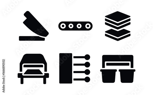 vector solid black filled icons paper cutter (industrial): large cutting blade conveyor stacks of sheets safety guard levers bins.