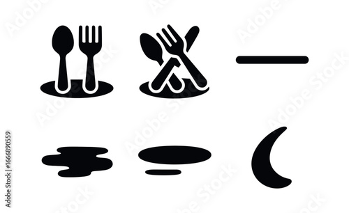 vector solid black filled icons kitchen counter mess (scattered utensils): spoon fork knife utensil cluster countertop line shadow smear highlight rim.