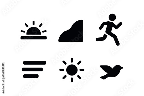 vector solid black filled icons trail running (sunrise run): sun half trail ridge runner in stride shadow light glow bird dot.