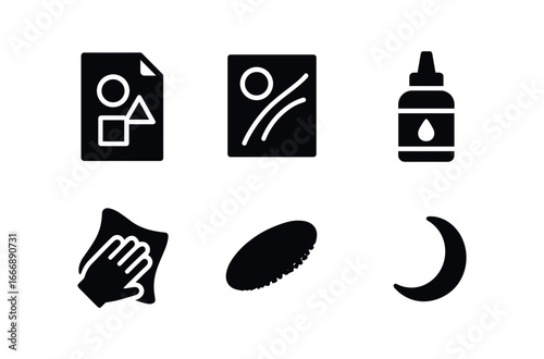 vector solid black filled icons tattoo artist (stencil transfer): stencil sheet tracing lines transfer gel cloth wipe shadow smear highlight rim.