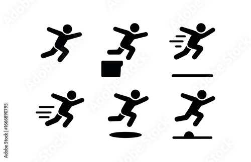 vector solid black filled icons bravery (fearless leap): soaring figure cliff edge motion blur wind lines shadow cast horizon line.