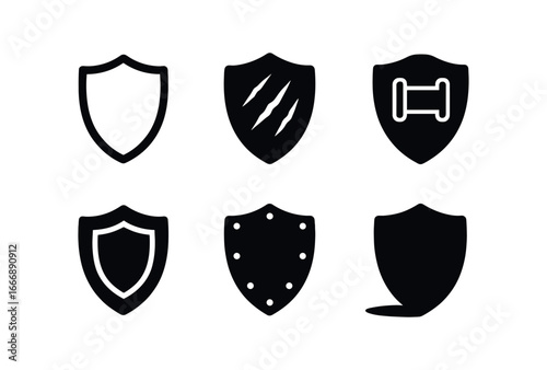 vector solid black filled icons bravery (steadfast shield): shield outline battle scars grip straps emblem crest metal rivets shadow.