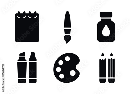 vector solid black filled icons ink pen (art): sketchpad brush pen colored ink markers palette pencils.