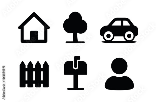 vector solid black filled icons established adulthood (family home): house outline tree line car parked fence gate mailbox shadow smear.