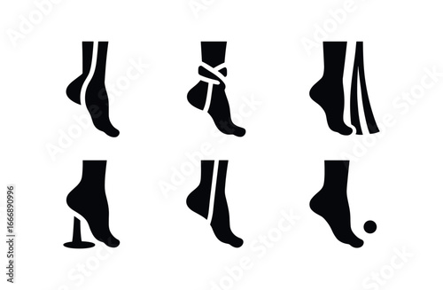 vector solid black filled icons aerial silks (foot lock): foot loop ankle knot silk pleat shadow smear highlight rim motion dot.