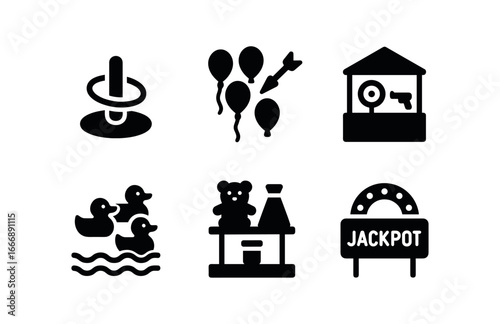 vector solid black filled icons seasonal fair (games): ring toss balloon darts shooting gallery duck pond prize shelf jackpot sign.