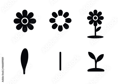 vector solid black filled icons flower season (daisy patch): daisy head petal ring stem line shadow smear highlight rim ground sprig.