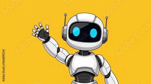 Friendly robot waving hello in a modern animated video sequence for technology presentation