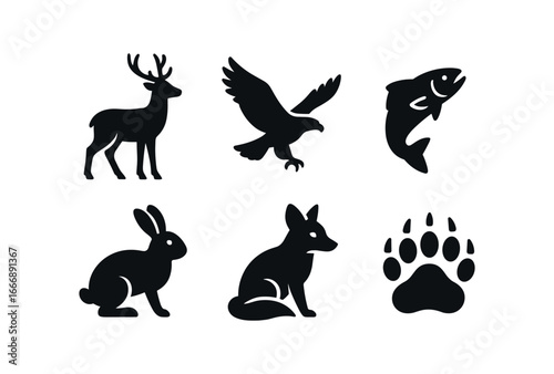 vector solid black filled icons valley (wildlife): deer silhouette eagle in flight trout leap rabbit hop fox glance bear track.