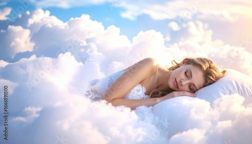 A dreamy woman peacefully sleeping among clouds symbolizing comfort, serenity, dreamscape, and imaginative sleep marketing concepts