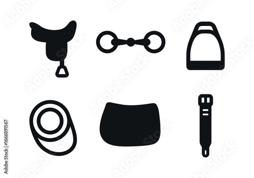 vector solid black filled icons rancher (horse tack): saddle outline bridle bit stirrup reins loop saddle pad cinch strap.