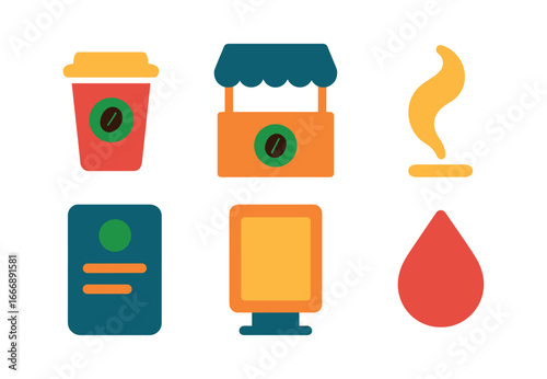 vector colorful filled icons street food vendor (coffee kiosk): coffee cup counter outline shadow smear plume menu board drip icon.