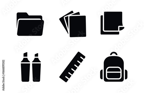 vector solid black filled icons accordion folder (school): bright folder colorful papers sticky notes highlighters ruler backpack.