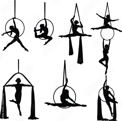 Aerial acrobatics silhouettes, women performing aerial hoop and silk poses, elegant circus training, flexibility, strength, artistic aerial dance, vector art.