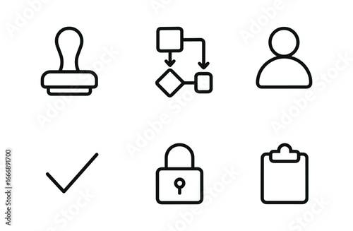 vector outline icons budget review session (approval workflow): stamp approved workflow arrows user icon checkmark lock icon clipboard.