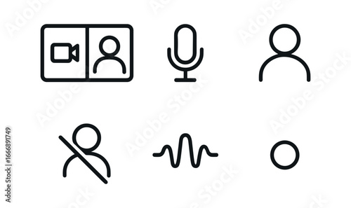 vector outline icons video call with client (split screen): camera frame microphone icon client silhouette connection wave mute badge timer dot.