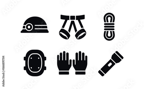 vector solid black filled icons caving (exploration gear): headlamp helmet climbing harness rope coil knee pad protective gloves backup light.