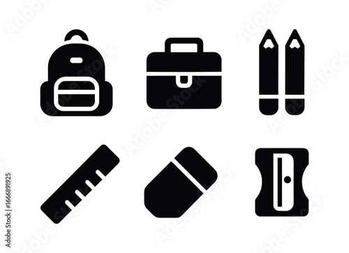 vector solid black filled icons early school years (school supplies): backpack lunchbox pencils ruler eraser sharpener.