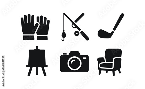 vector solid black filled icons transition to retirement (leisure activities): gardening gloves fishing rod golf club painting easel travel camera reading chair.