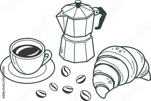 A cup of hot coffee with coffee beans sits on a saucer next to a coffee pot