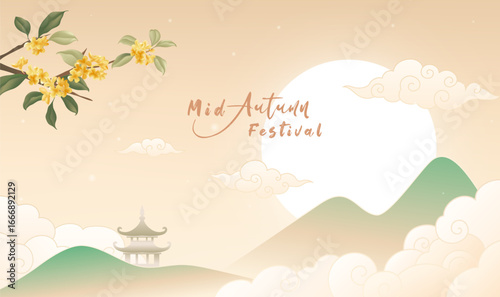 Chinese style horizontal edition Mid-Autumn Festival celebration illustration
